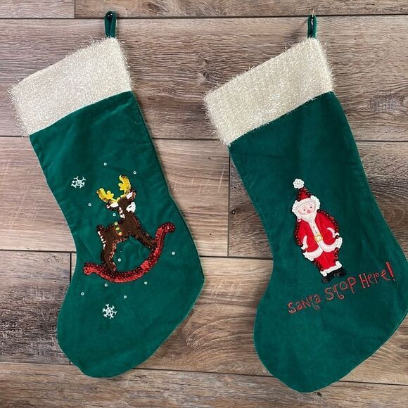 Old Navy Christmas Velvet Stockings Sequin Santa Rocking Reindeer Holiday Green - Picture 1 of 7